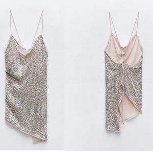 Zara beige sequin asymmetrical spaghetti strap open back blouse top M NWOT